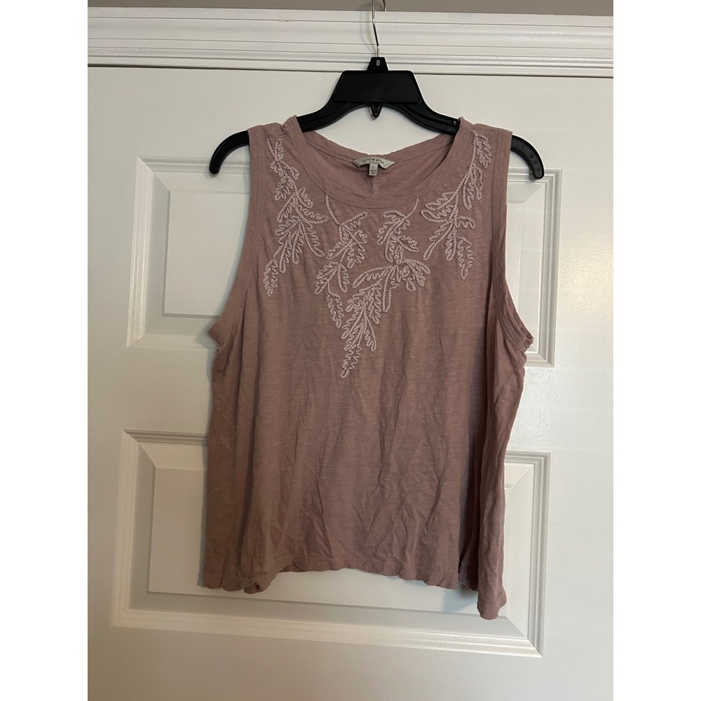 Lucky Brand Womens Large Pink Embroidered Sleeveless Tank Top Slub Knit Boho